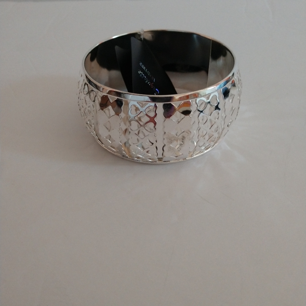 Silver Textured Wide Bangle Bracelet